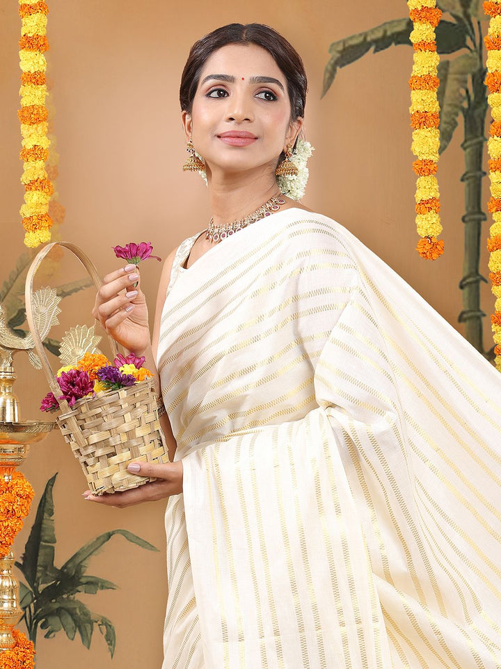 Party Wear Off-White Color Cotton Soft Silk Saree