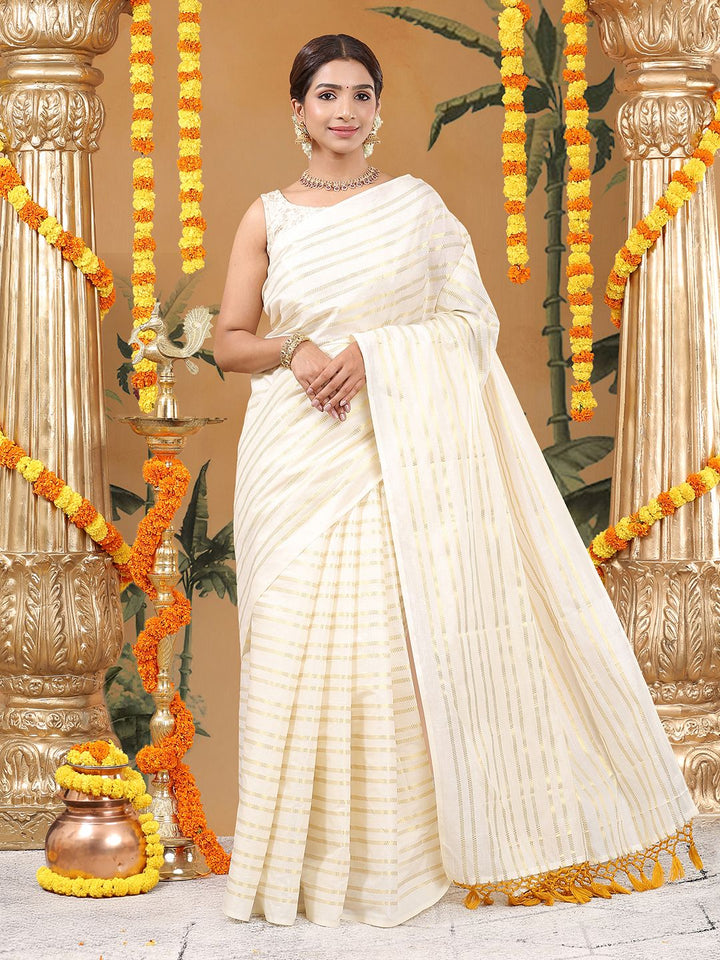 Party Wear Off-White Color Cotton Soft Silk Saree