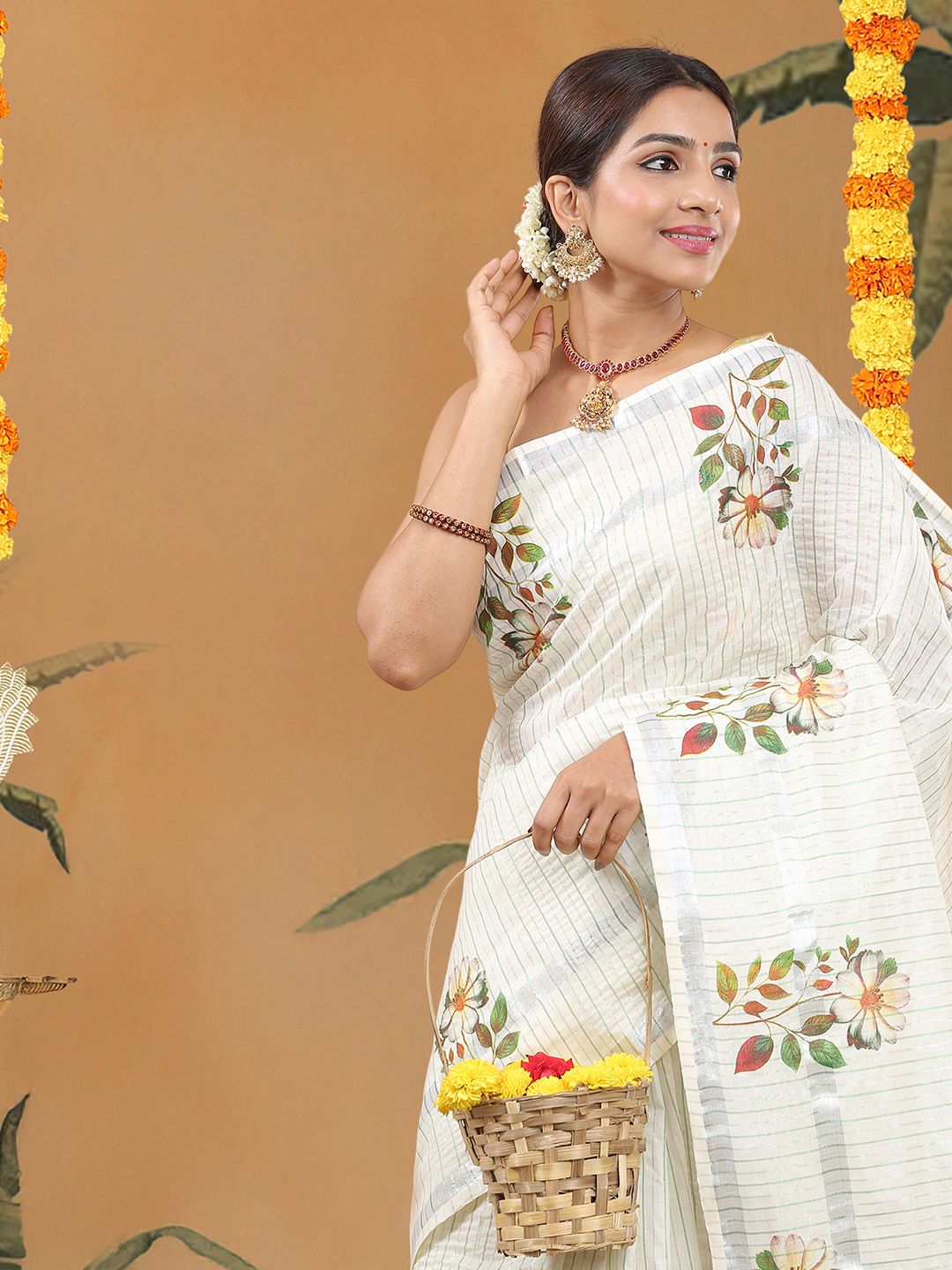Party Wear Off-White Color Cotton Soft Silk Saree