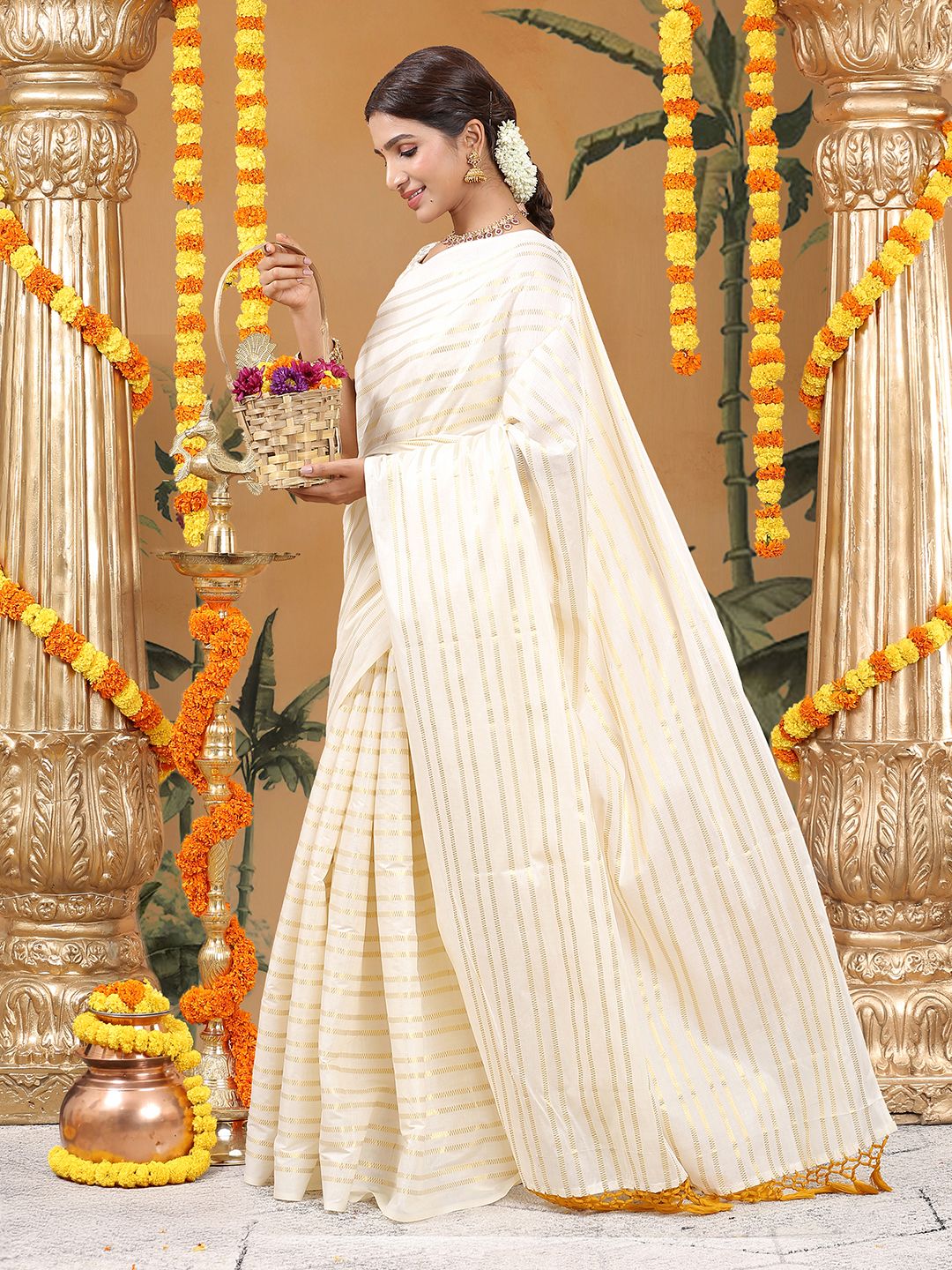 Party Wear Off-White Color Cotton Soft Silk Saree