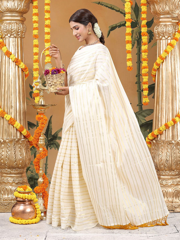Party Wear Off-White Color Cotton Soft Silk Saree