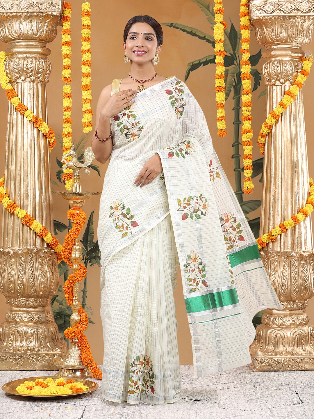 Party Wear Off-White Color Cotton Soft Silk Saree