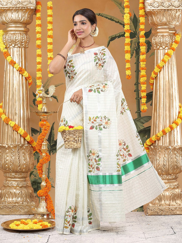 Party Wear Off-White Color Cotton Soft Silk Saree