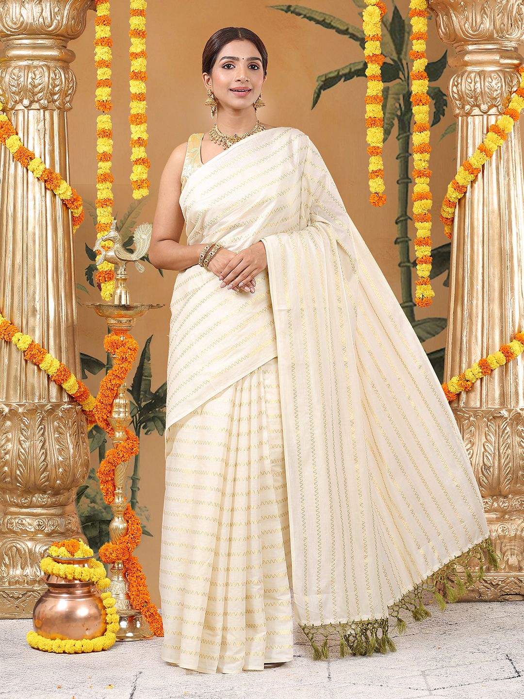 Party Wear Off-White Color Cotton Soft Silk Saree