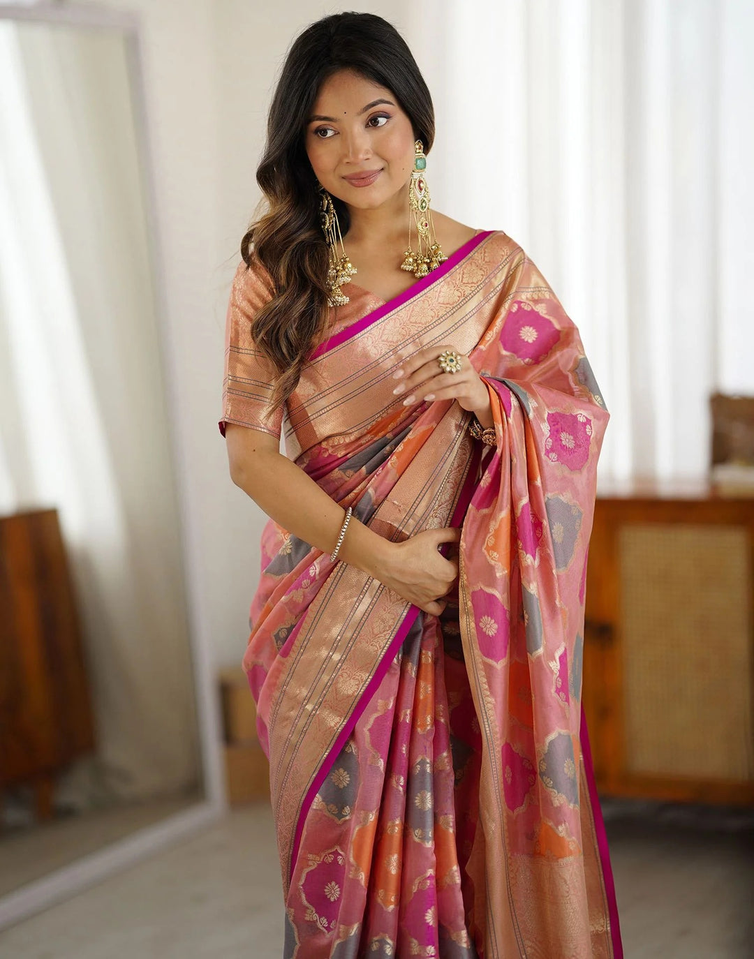 Party Wear Pink Color Banarasi Silk Woven Saree
