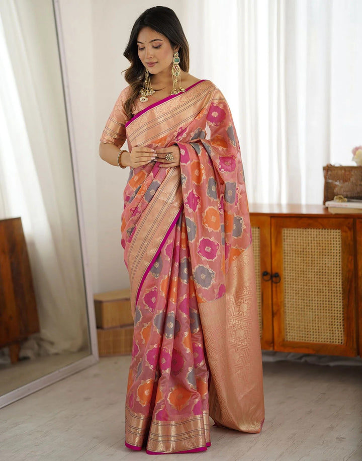 Party Wear Pink Color Banarasi Silk Woven Saree