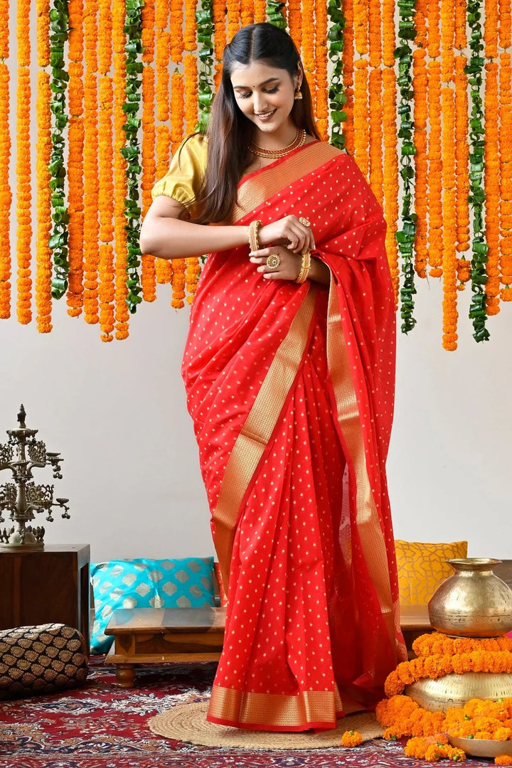 Party Wear Red Color Banarasi Saree with Zari Booties and Heavy Pallu