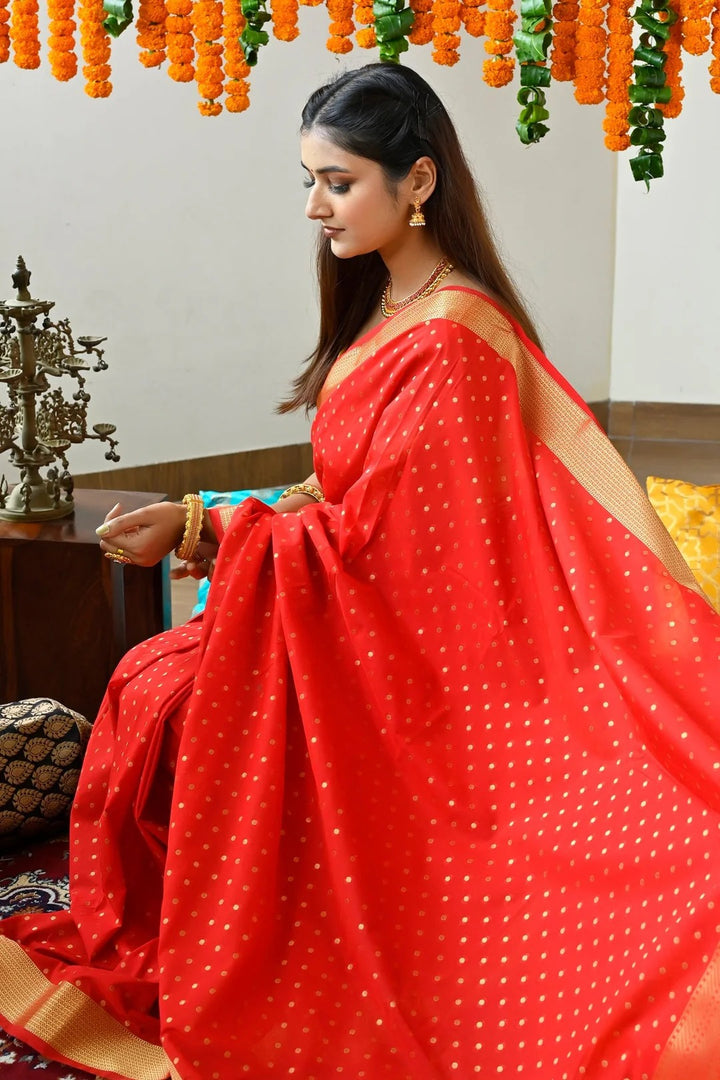 Party Wear Red Color Banarasi Saree with Zari Booties and Heavy Pallu