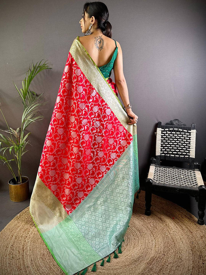 Party Wear Red Color Banarasi Silk Saree
