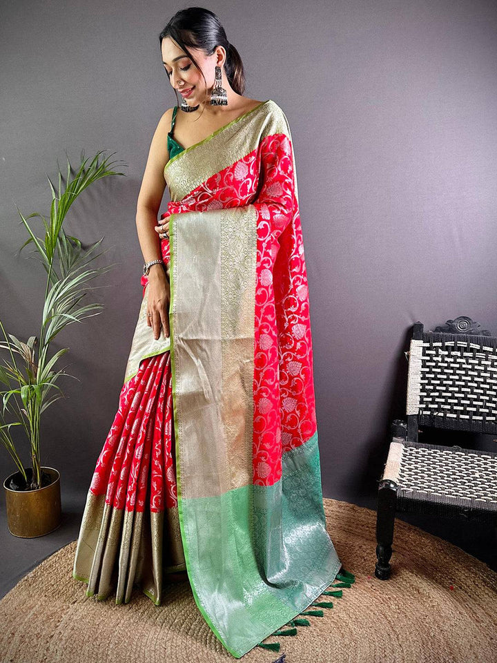 Party Wear Red Color Banarasi Silk Saree