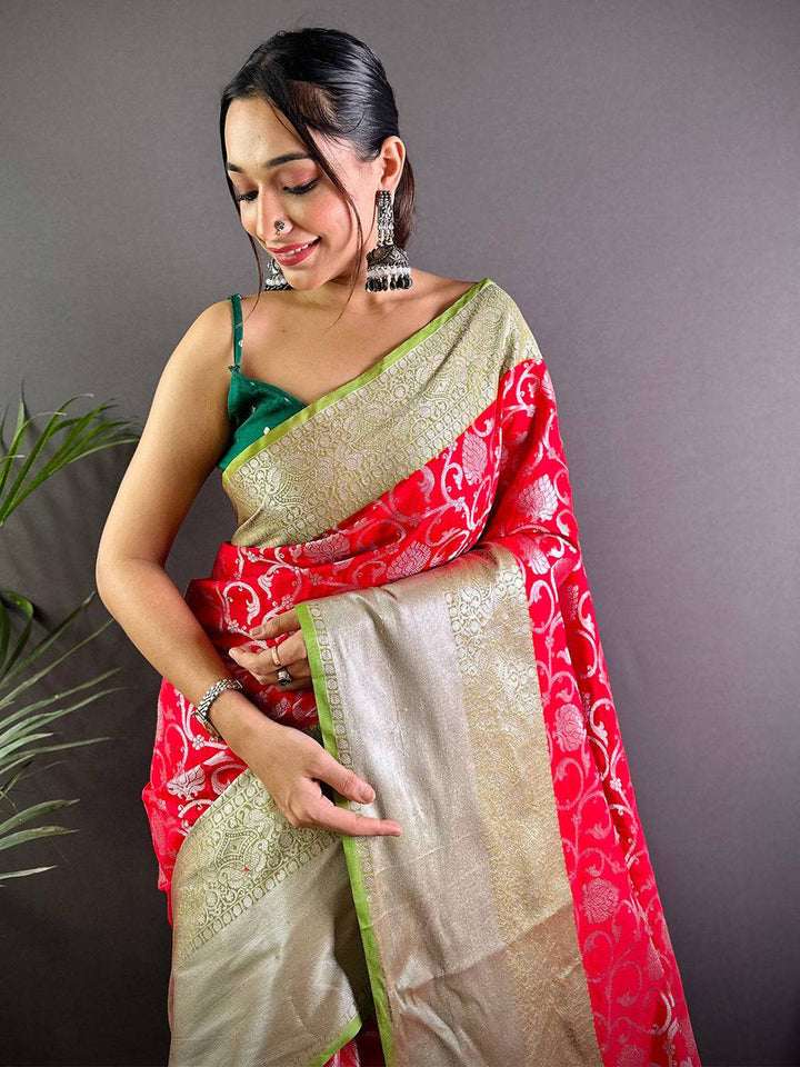 Party Wear Red Color Banarasi Silk Saree