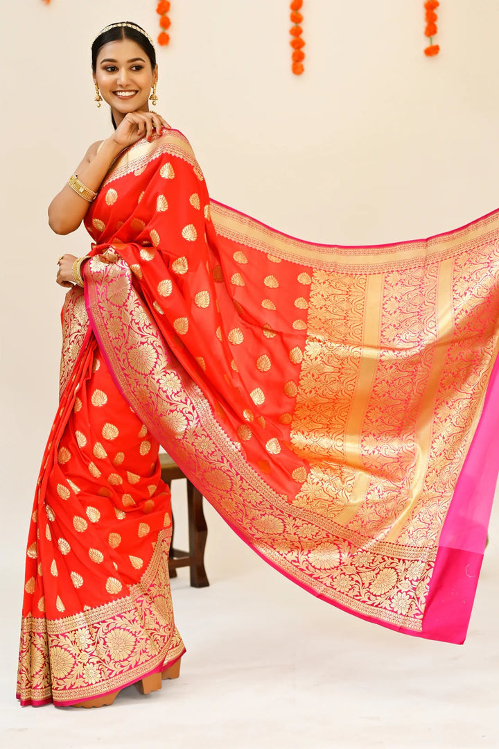 Party Wear Red with Hot Pink Color Banarasi Saree