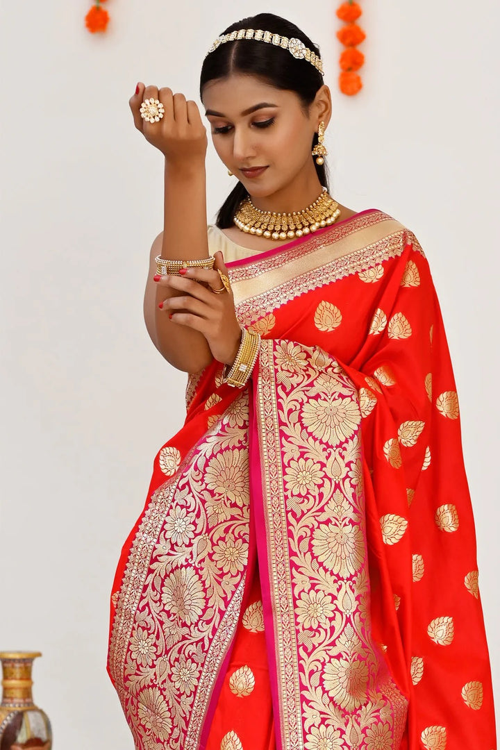Party Wear Red with Hot Pink Color Banarasi Saree
