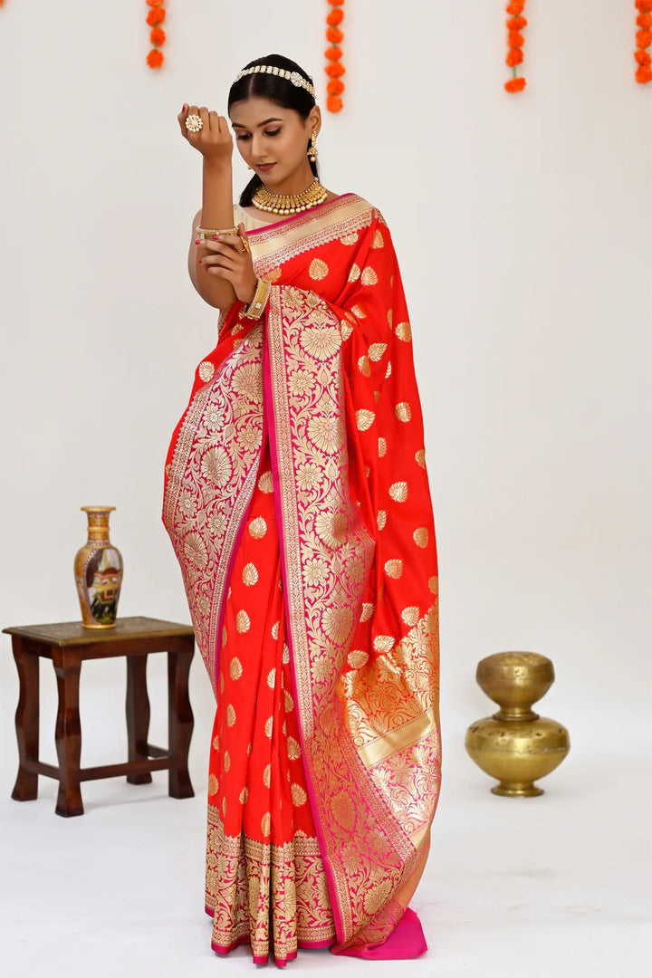 Party Wear Red with Hot Pink Color Banarasi Saree