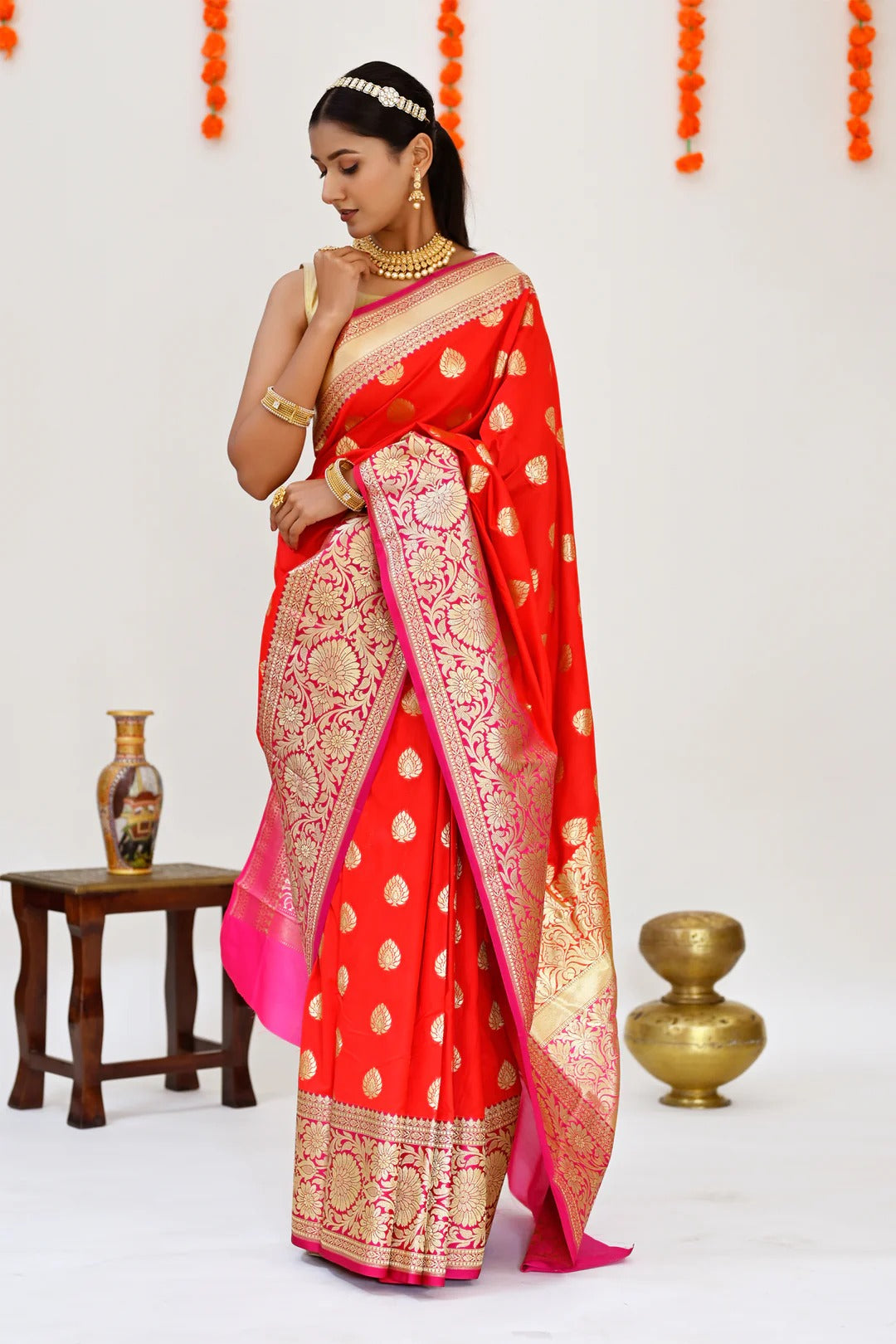 Party Wear Red with Hot Pink Color Banarasi Saree