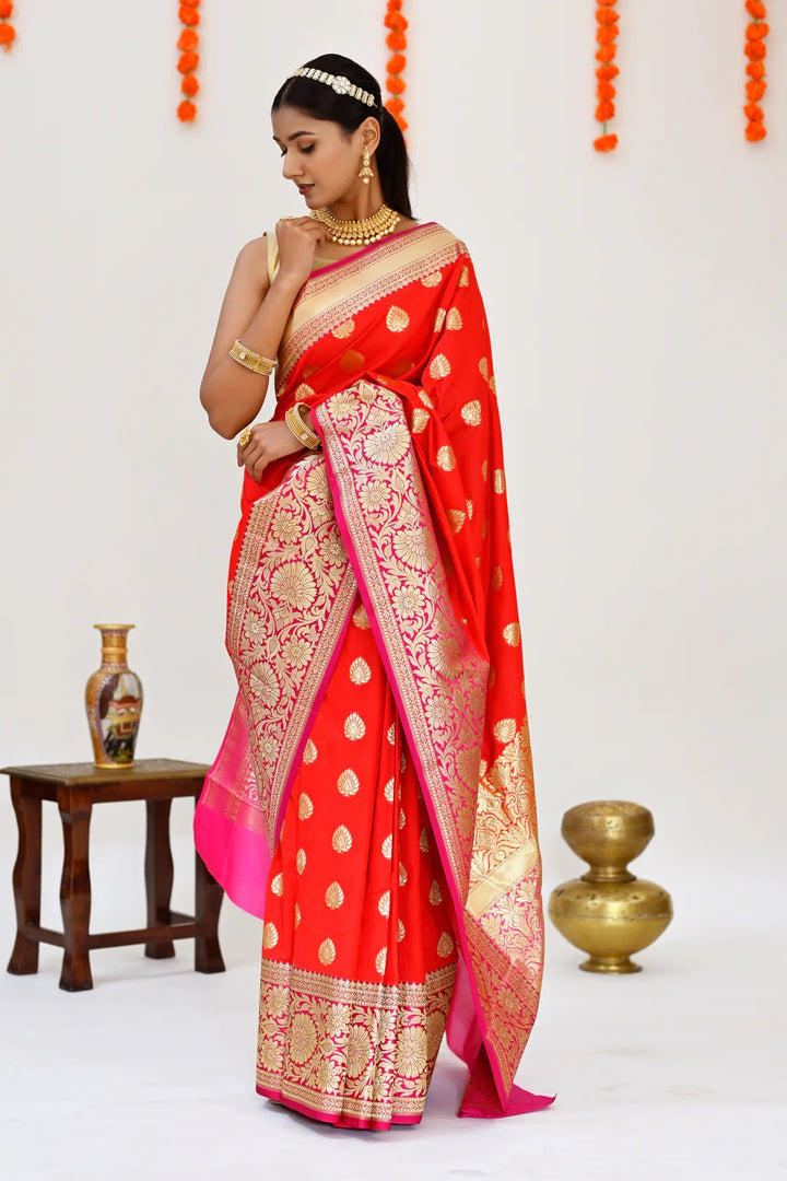 Party Wear Red with Hot Pink Color Banarasi Saree
