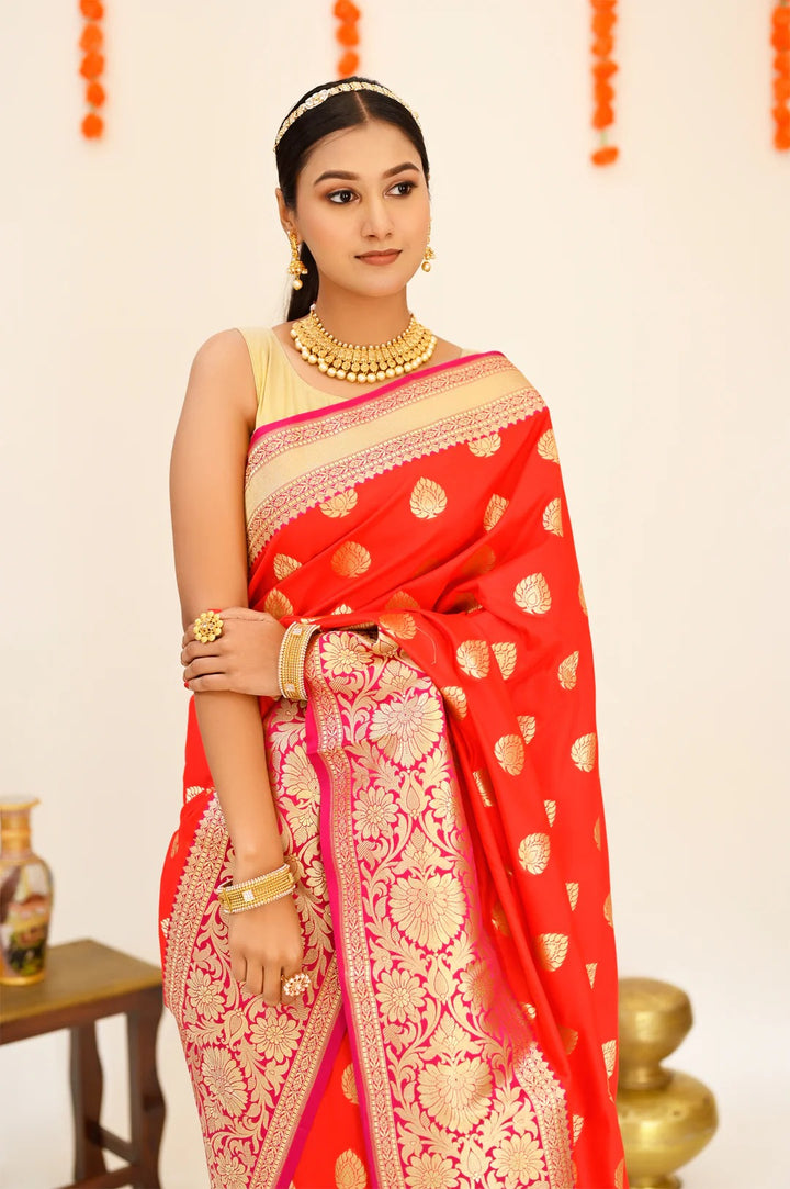 Party Wear Red with Hot Pink Color Banarasi Saree