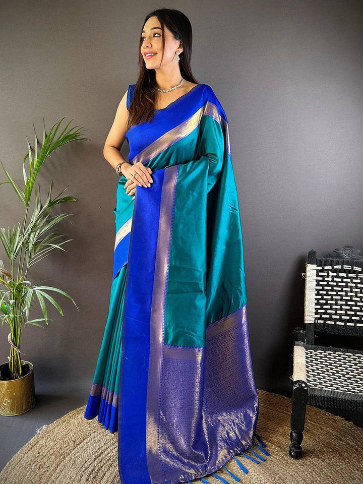 Party Wear Sky Blue Color Banarasi Silk Saree