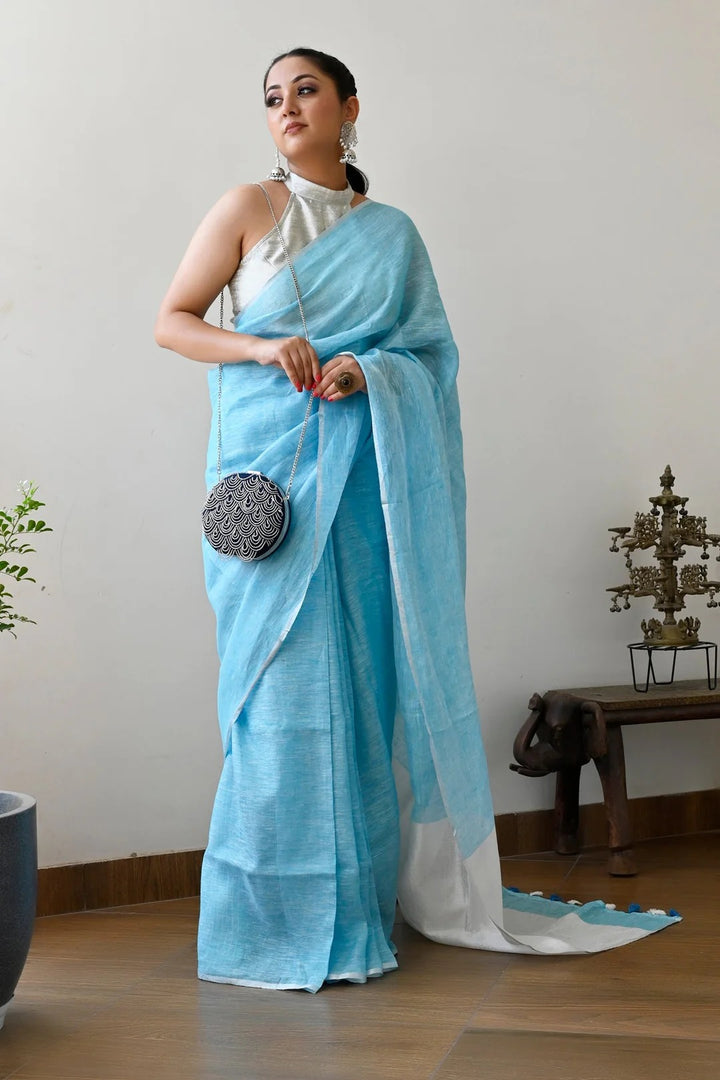 Party Wear Sky Blue Color Linen Handloom Saree with White Pallu