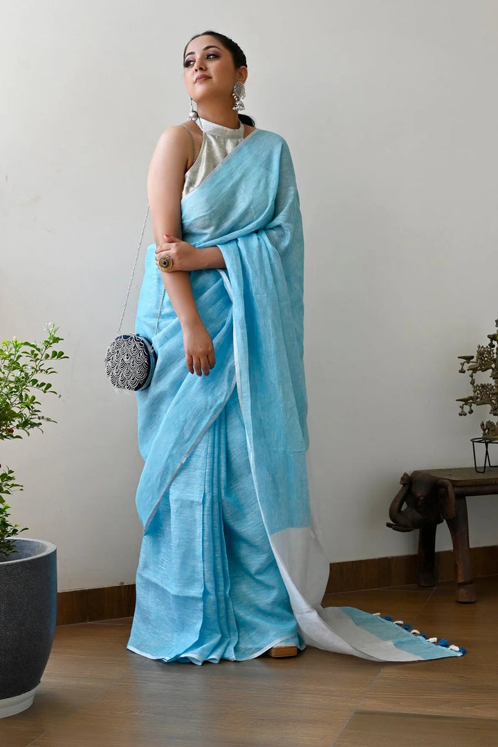 Party Wear Sky Blue Color Linen Handloom Saree with White Pallu