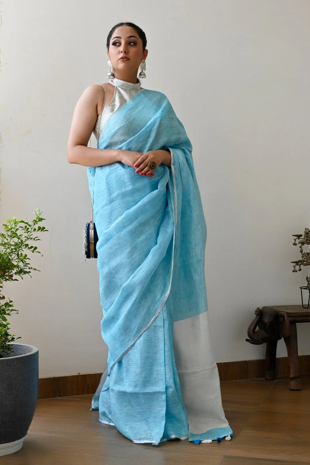 Party Wear Sky Blue Color Linen Handloom Saree with White Pallu