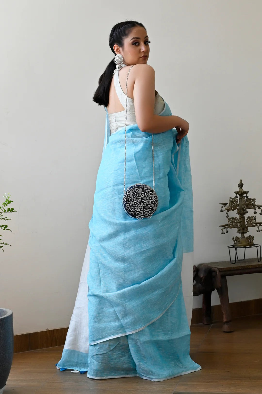 Party Wear Sky Blue Color Linen Handloom Saree with White Pallu