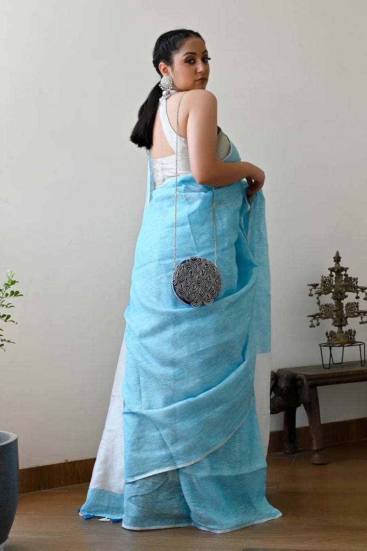 Party Wear Sky Blue Color Linen Handloom Saree with White Pallu