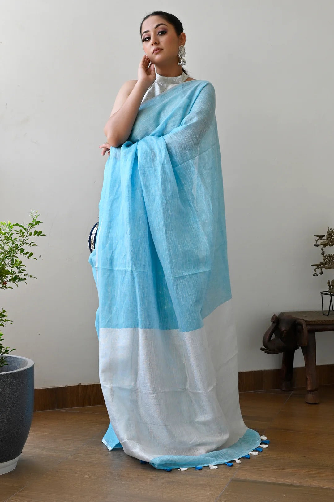 Party Wear Sky Blue Color Linen Handloom Saree with White Pallu