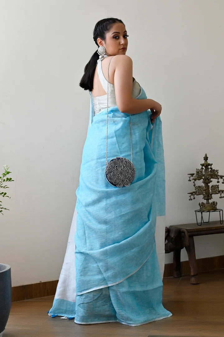 Party Wear Sky Blue Color Linen Handloom Saree with White Pallu