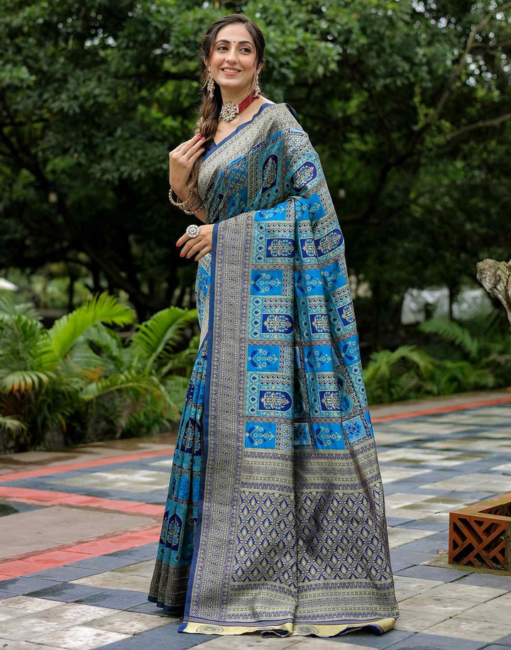 Party Wear Teal Blue Color Banarasi Silk Woven Saree