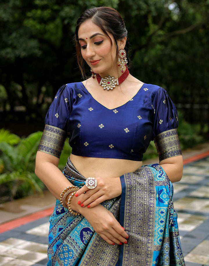 Party Wear Teal Blue Color Banarasi Silk Woven Saree