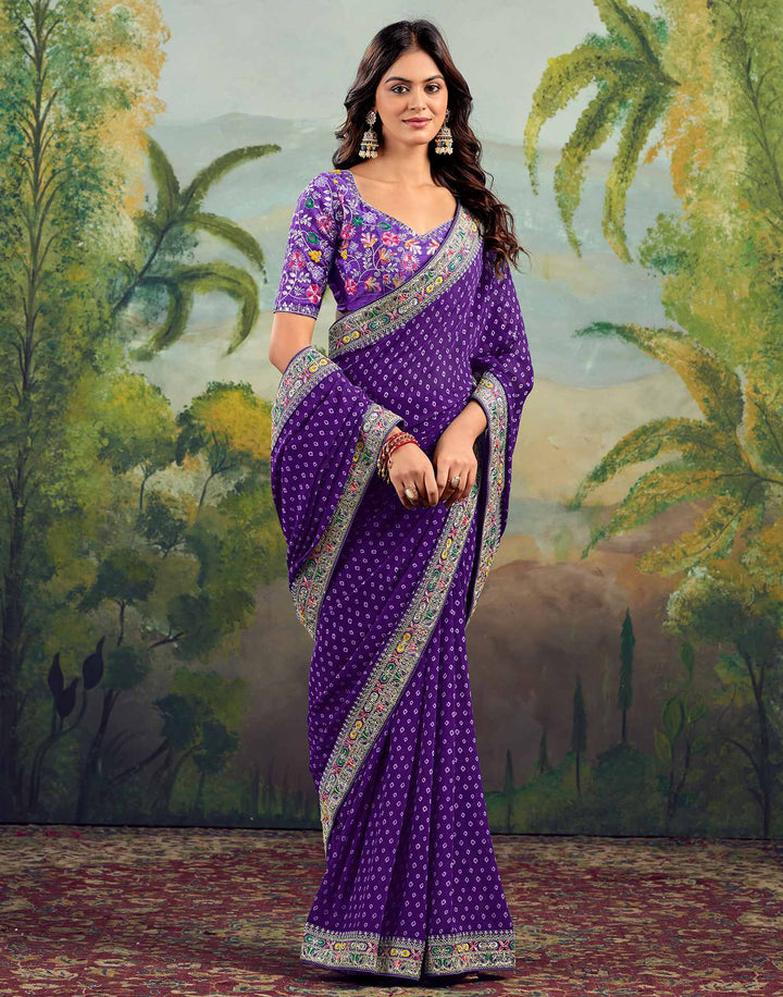 Party Wear Violet Color Bandhani Silk Saree