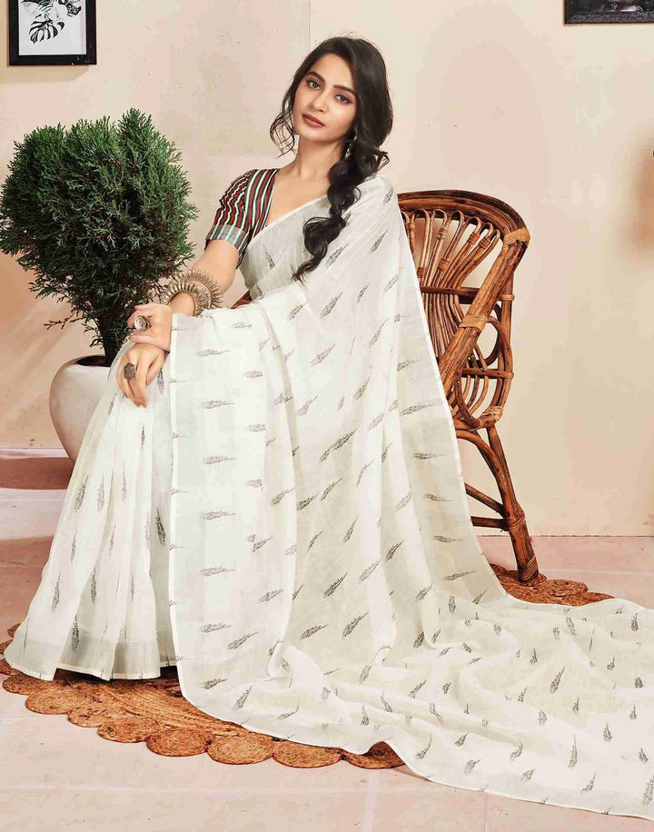 Party Wear White Color Cotton Printed Saree