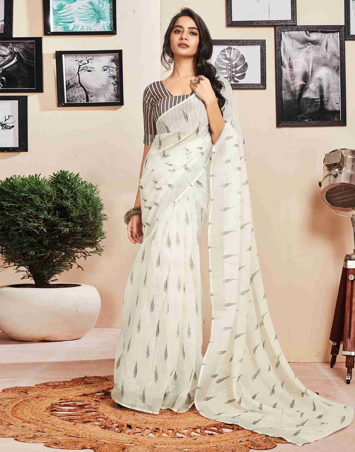 Party Wear White Color Cotton Printed Saree