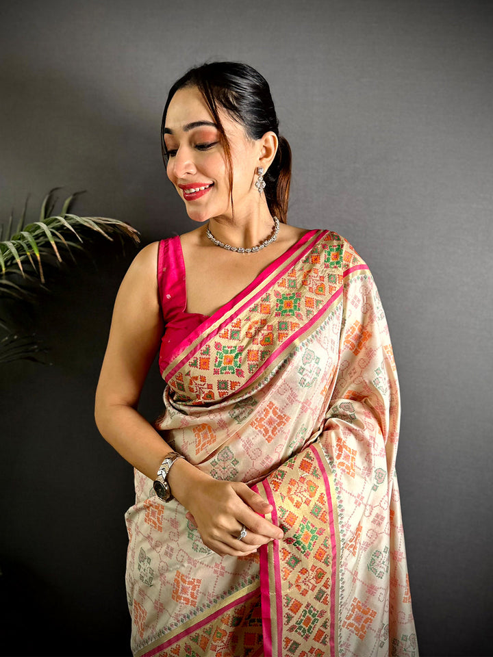 Party Wear White Color Patola Soft Silk Saree