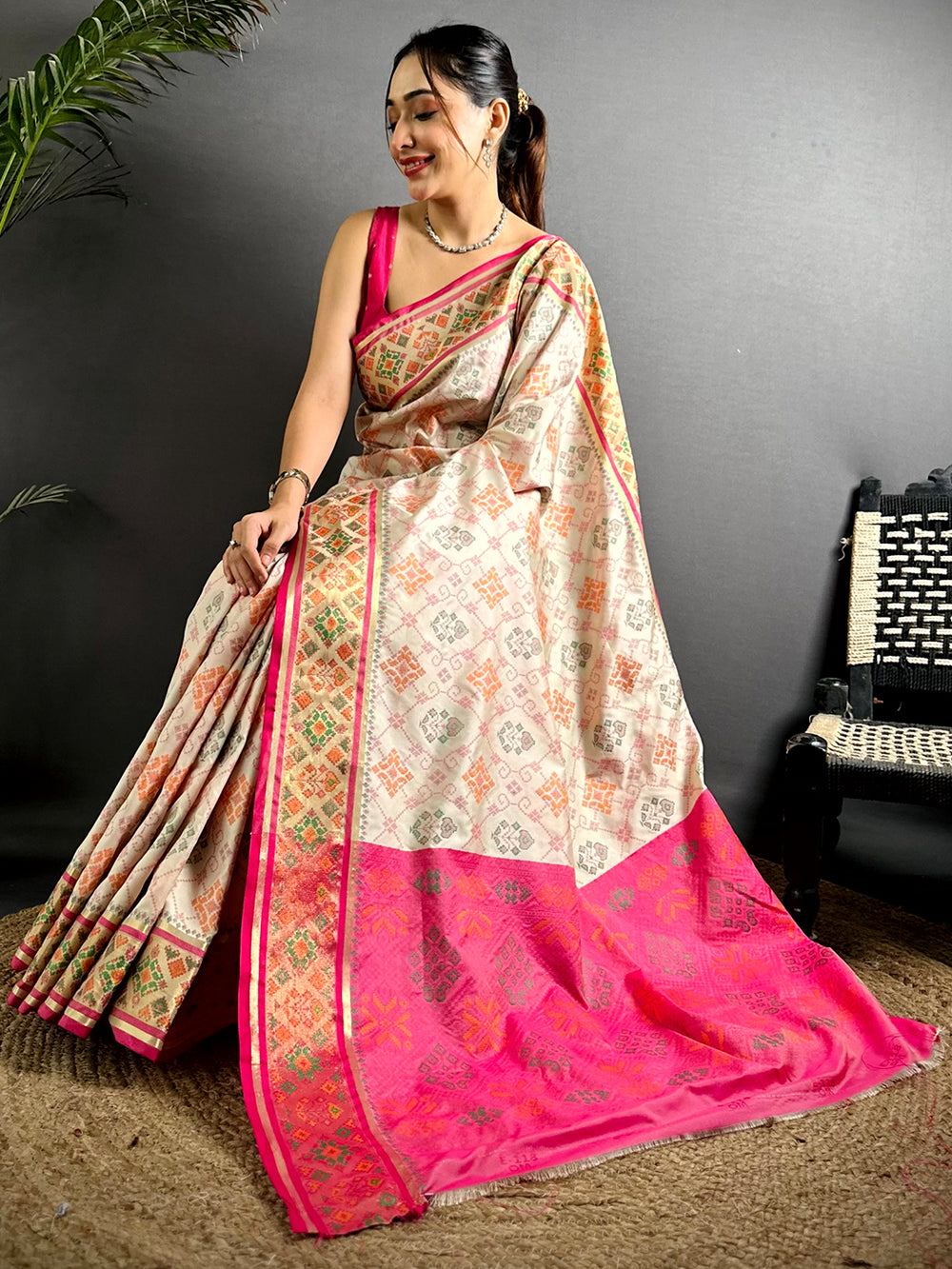 Party Wear White Color Patola Soft Silk Saree