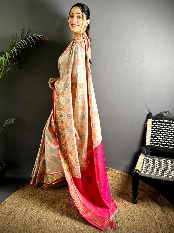 Party Wear White Color Patola Soft Silk Saree