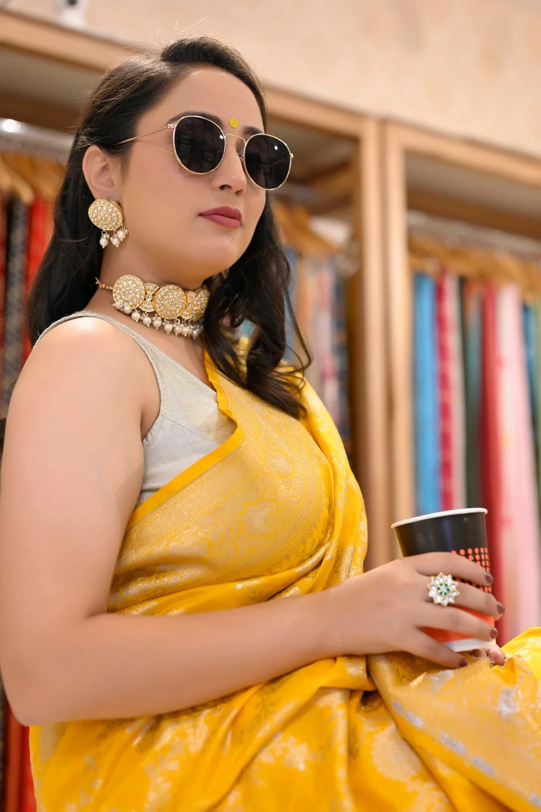 Party Wear Yellow Color Banarasi Silk Saree With Meena Work