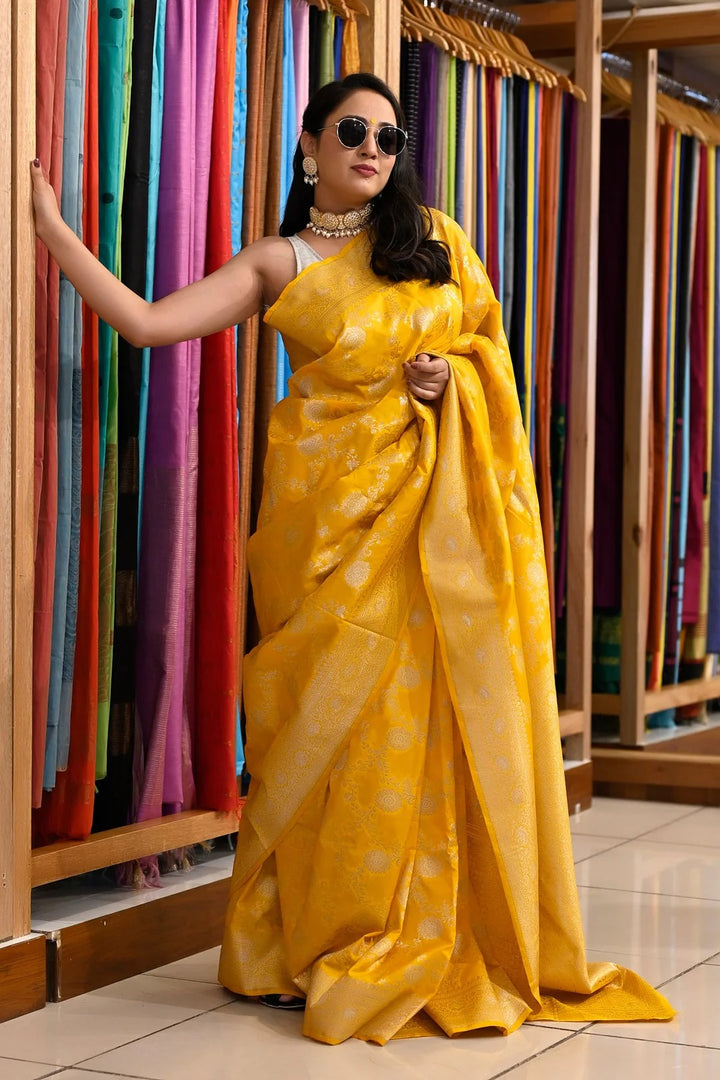 Party Wear Yellow Color Banarasi Silk Saree With Meena Work