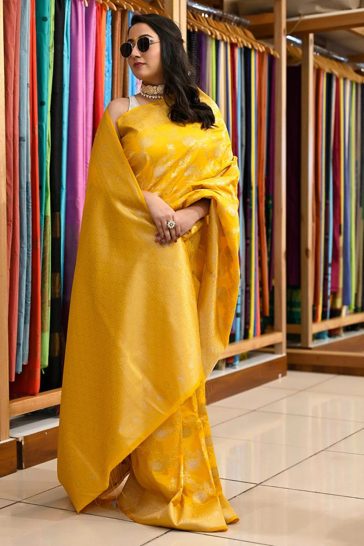 Party Wear Yellow Color Banarasi Silk Saree With Meena Work