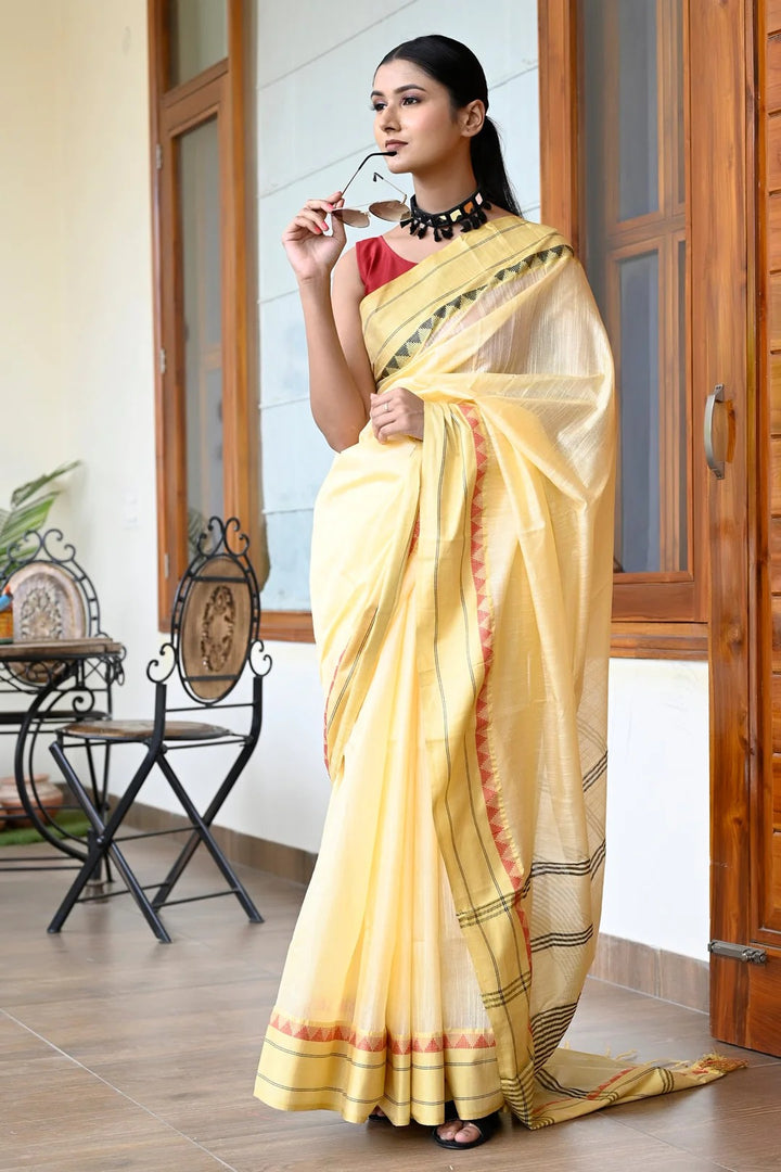 Party Wear Yellow Color Maheshwari Handloom Saree