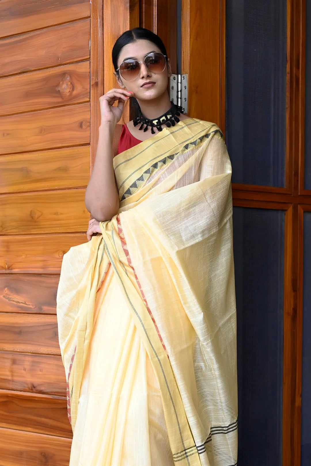 Party Wear Yellow Color Maheshwari Handloom Saree