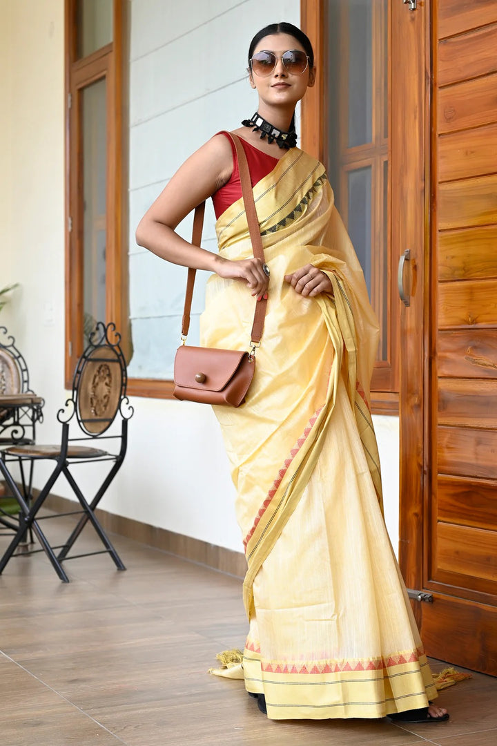 Party Wear Yellow Color Maheshwari Handloom Saree