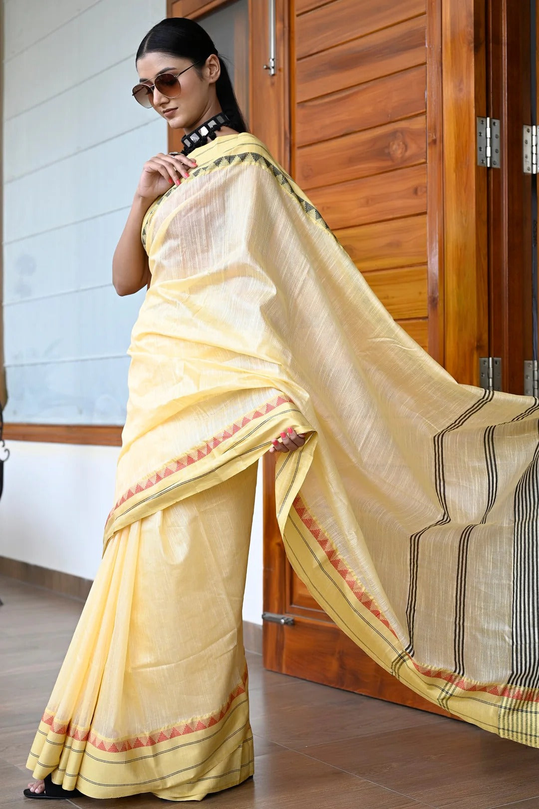 Party Wear Yellow Color Maheshwari Handloom Saree