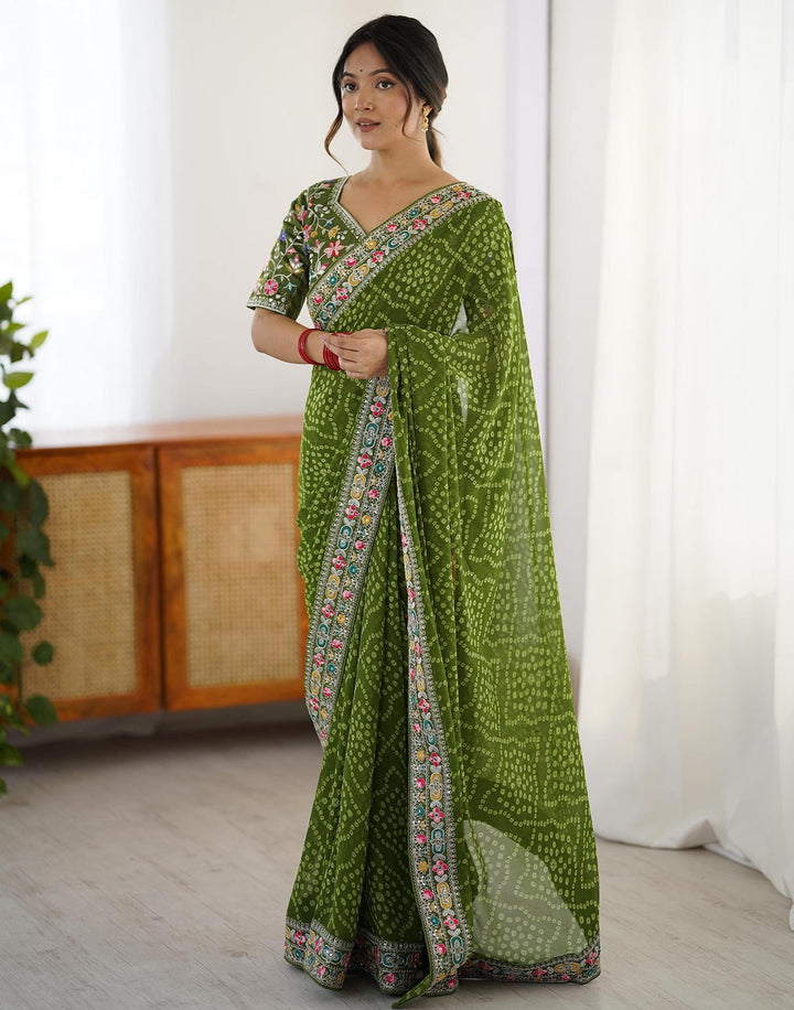 Party wear Green Color Georgette Printed Bandhani Saree
