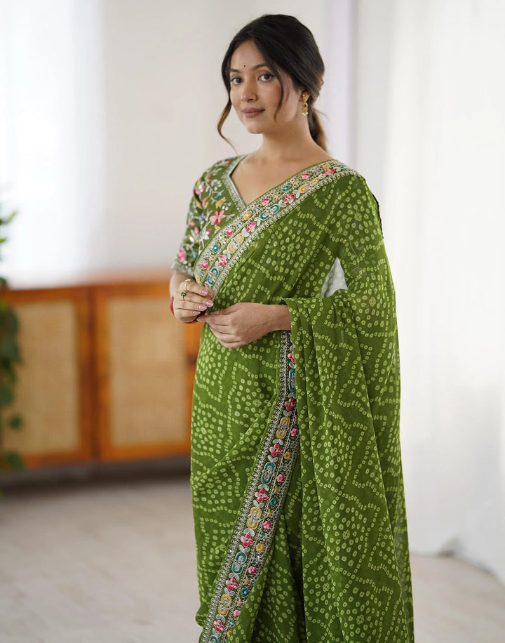 Party wear Green Color Georgette Printed Bandhani Saree