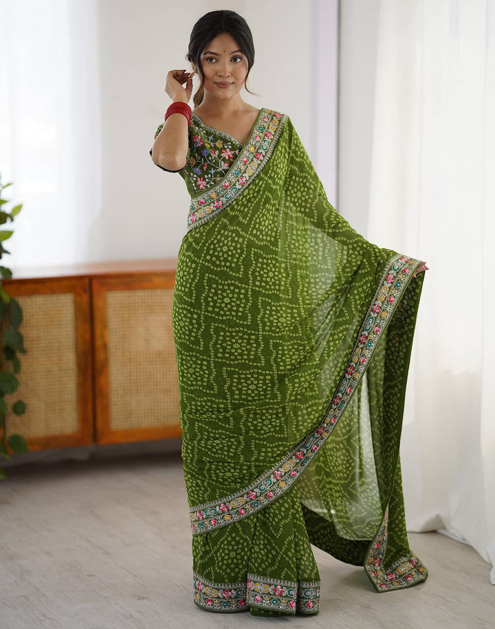 Party wear Green Color Georgette Printed Bandhani Saree