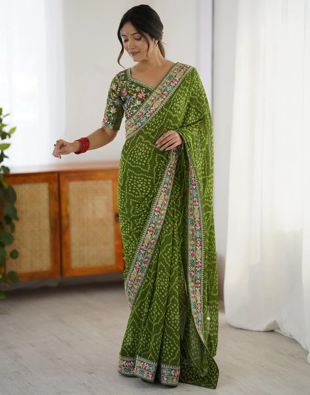 Party wear Green Color Georgette Printed Bandhani Saree