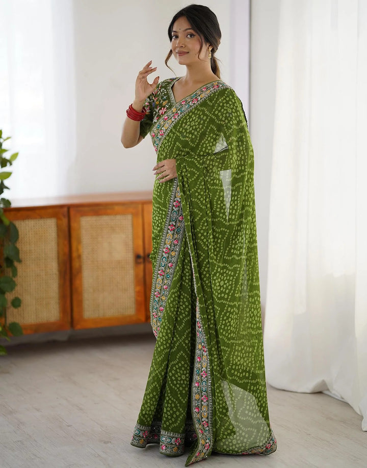 Party wear Green Color Georgette Printed Bandhani Saree