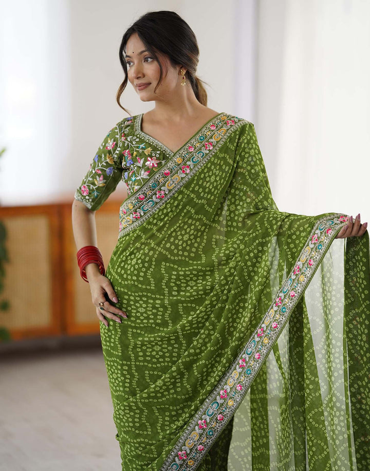 Party wear Green Color Georgette Printed Bandhani Saree